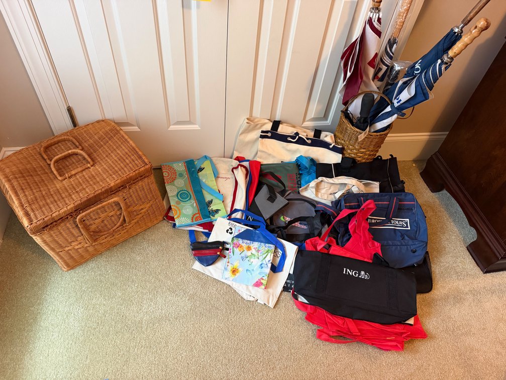 Wicker Baskets, Umbrellas, Walking Sticks, and Tote Bags
