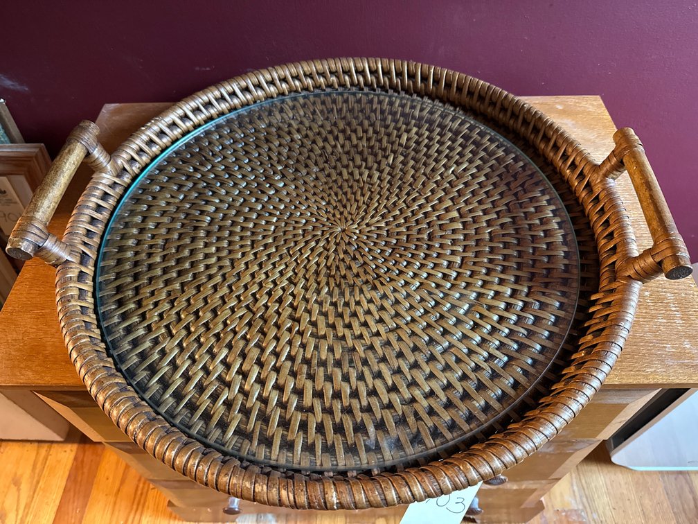 Round Woven Rattan Serving Tray with Glass Insert