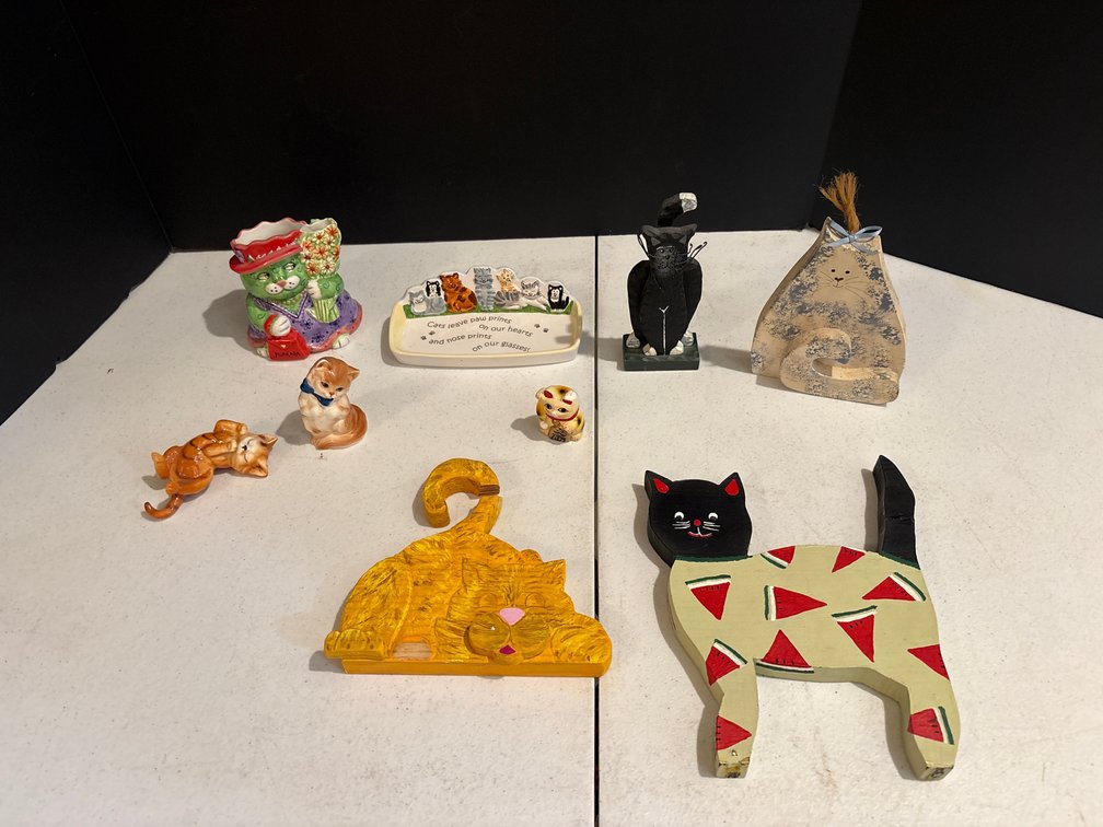 Cat Figurines, Ceramic Trinket Dish, and Wooden Decor