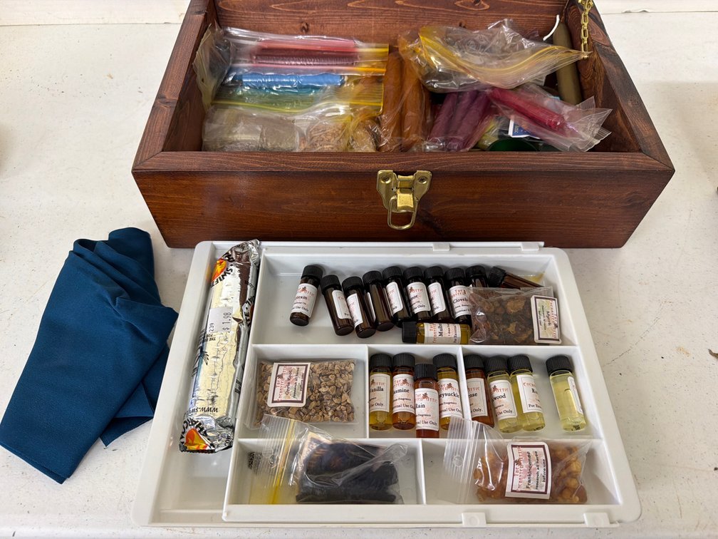 Wooden Apothecary Chest with Supplies and Green Man Shadow Box