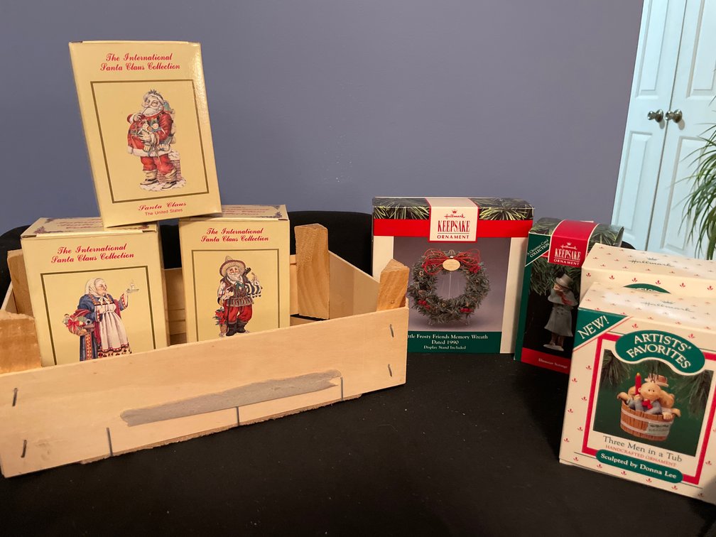 Christmas Figurines, Hallmark Ornaments, and Wooden Crate