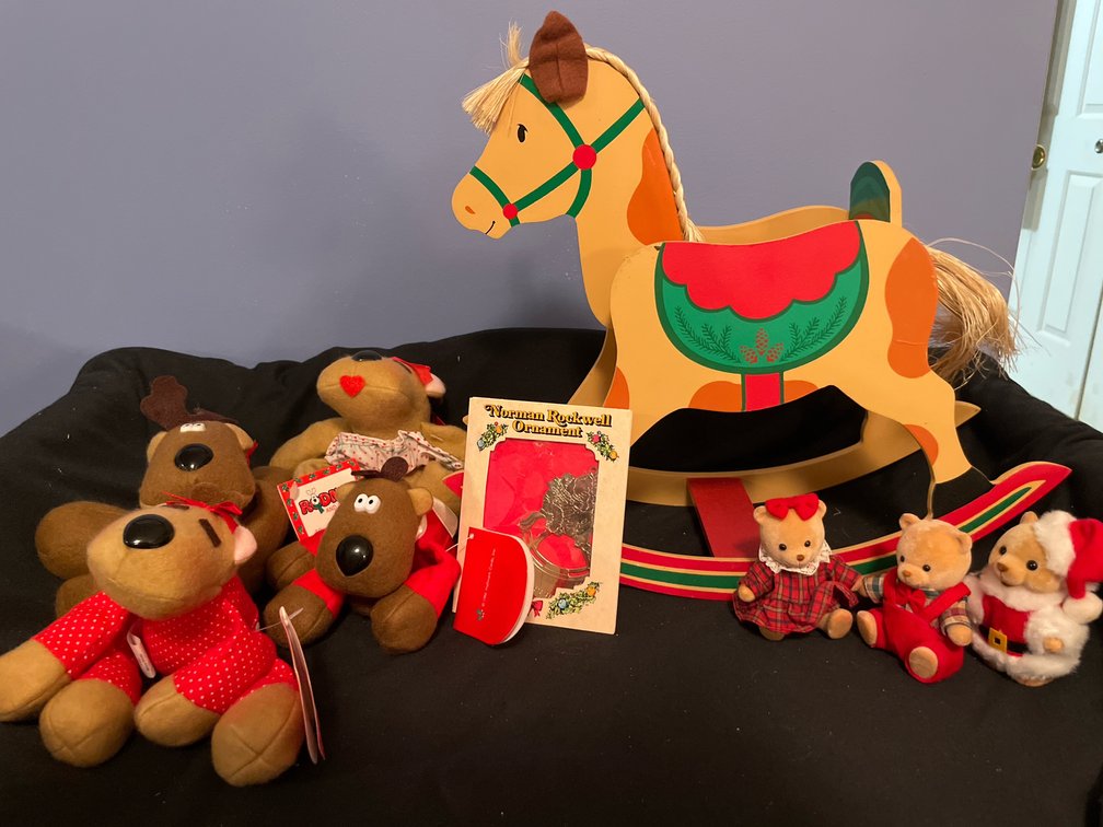 Wooden Rocking Horse, Plush Reindeer, and Flocked Bear Figurines