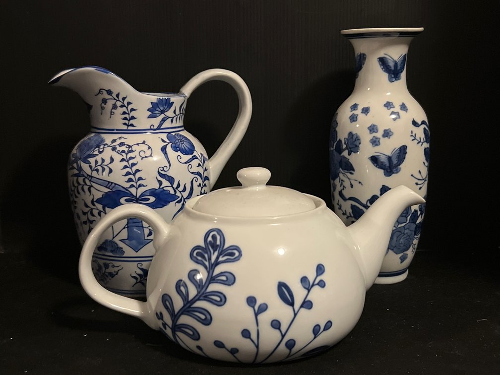 Blue and White Porcelain Teapot, Pitcher & Vase