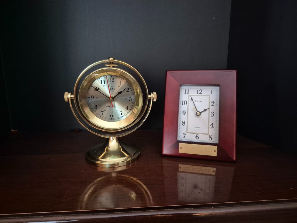 Brass Gimbal Desk Clock and Wood-Framed Desk Clock