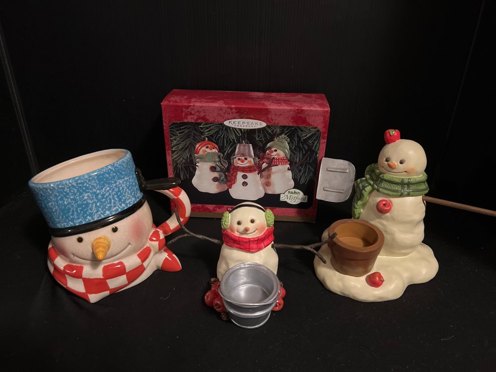 Hallmark Mitford Snowman Ornaments, Candle Holder & Mug