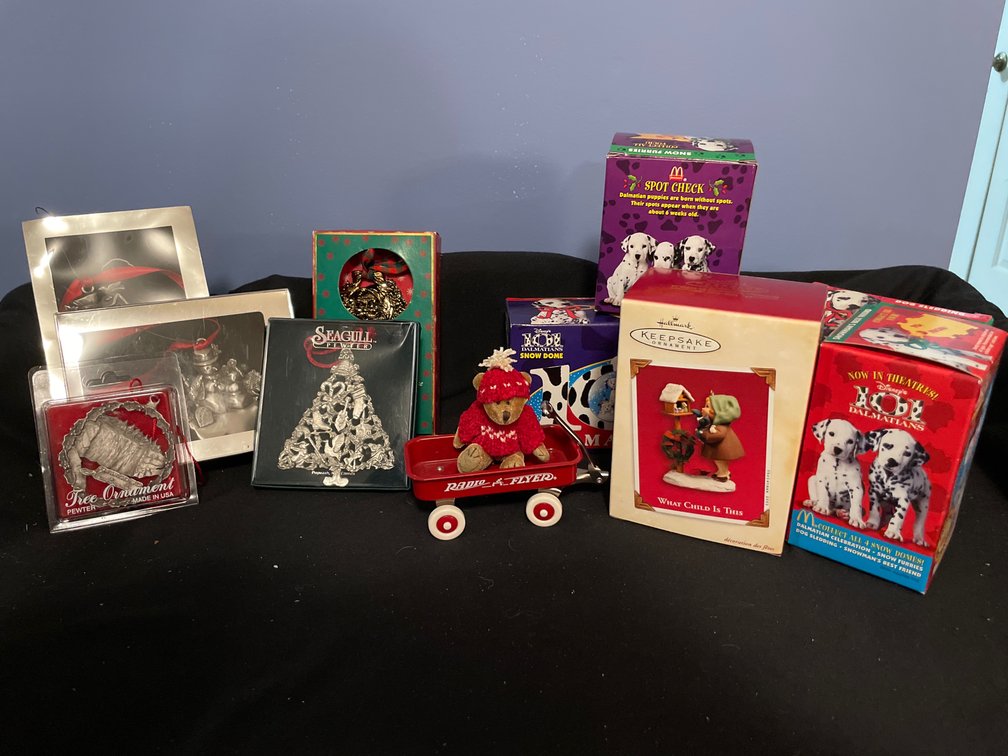 Holiday Ornaments, Miniature Wagon, and Collectible Snow Domes