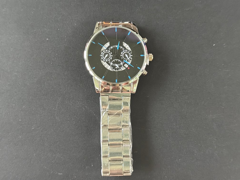 Silver-Tone Wristwatch with Black Dial and Subdials