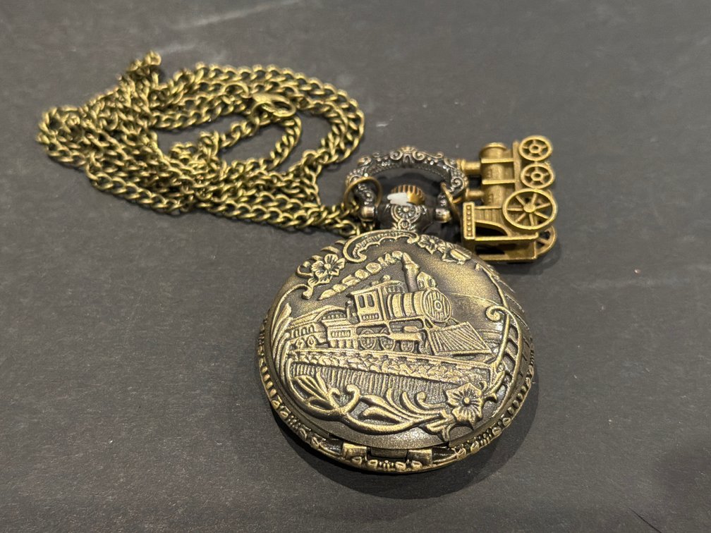 Bronze-Tone Locomotive Quartz Pocket Watch with Chain