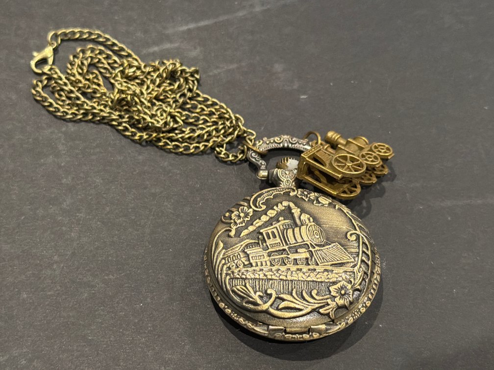 Brass-Tone Steam Locomotive Quartz Pocket Watch