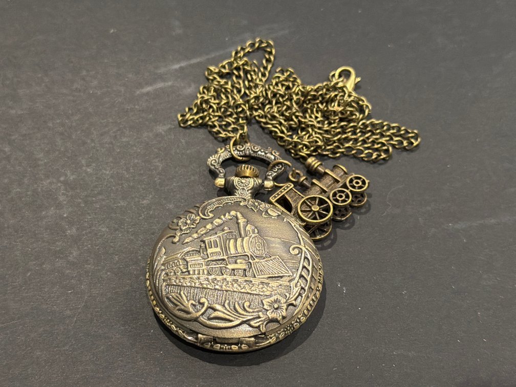 Steam Locomotive Quartz Pocket Watch with Chain and Charm