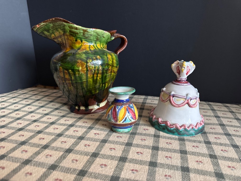Glazed Ceramic Pitcher, Miniature Vase, and Bell