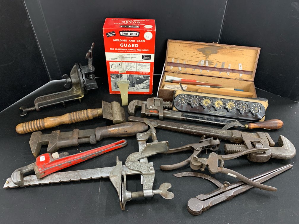 Clamps, Wrenches, Radial Arm Saw Guard, and Mechanical Calculator Lot