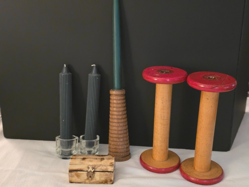 Textile Bobbins, Candles, Trinket Box
