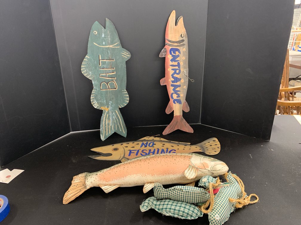 Painted Fish Signs and Stuffed Fabric Fish Decor