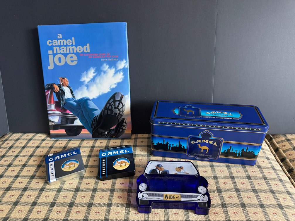 Camel Book, Tins, and Glass Ashtray