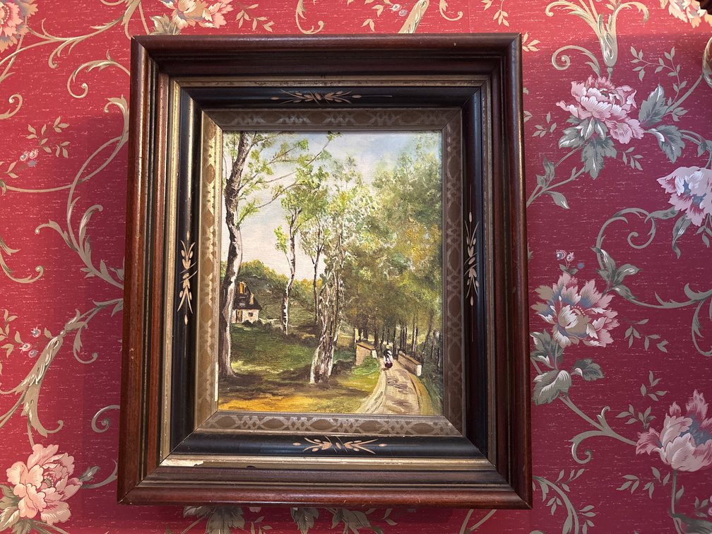 Framed Landscape Oil Painting of Path and Cottage