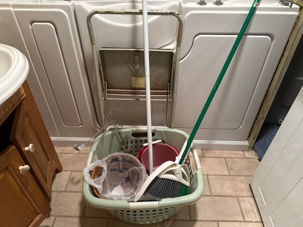 Folding Step Stool, Laundry Basket, Cleaning Supplies, and More