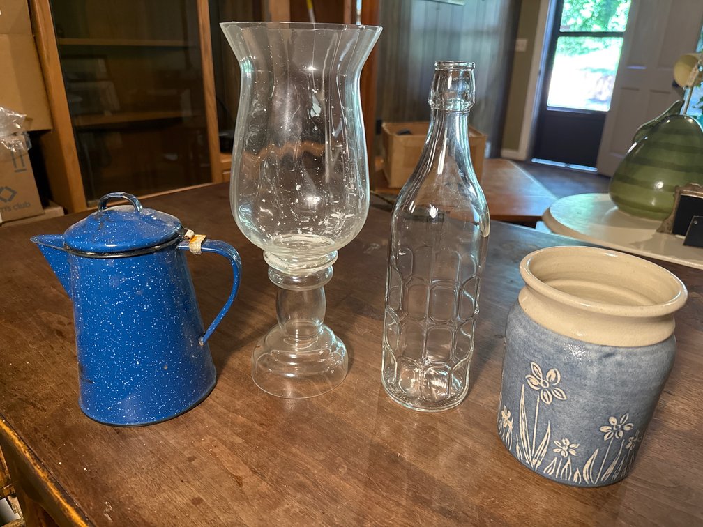 Stoneware Crock, Enamelware Pot, and Glassware