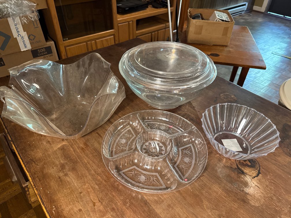 Glass Serving Bowls, Relish Dish, and Acrylic Beverage Tub