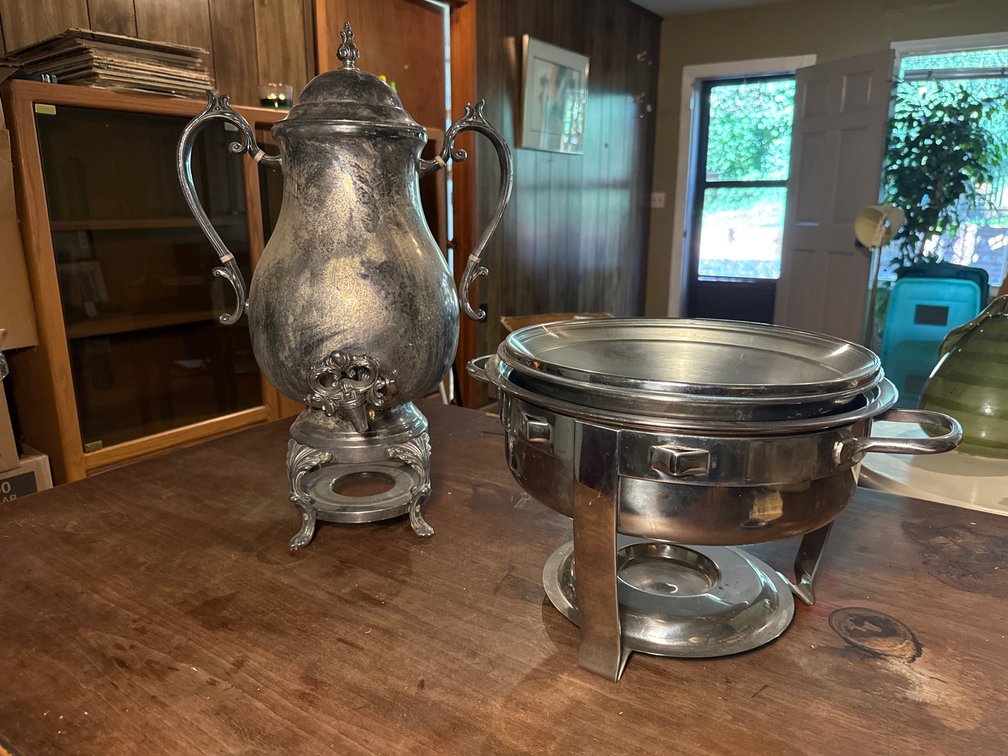 Silverplate Hot Water Urn and Stainless Steel Chafing Dish
