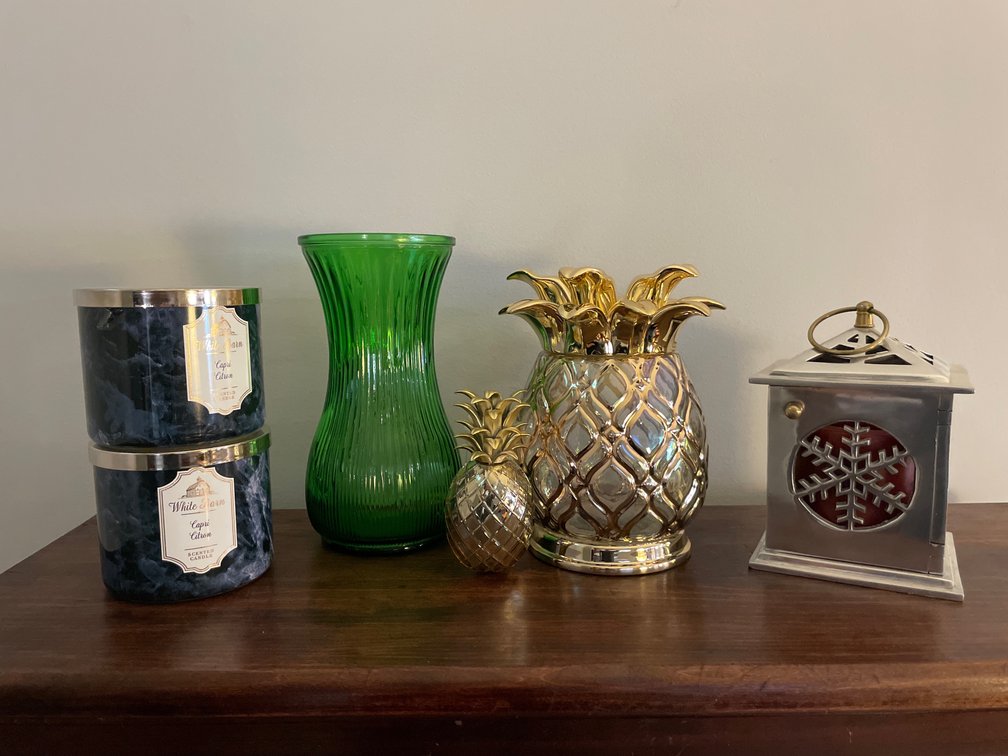 White Barn Candles, Hoosier Glass Vase, and Candle Lantern