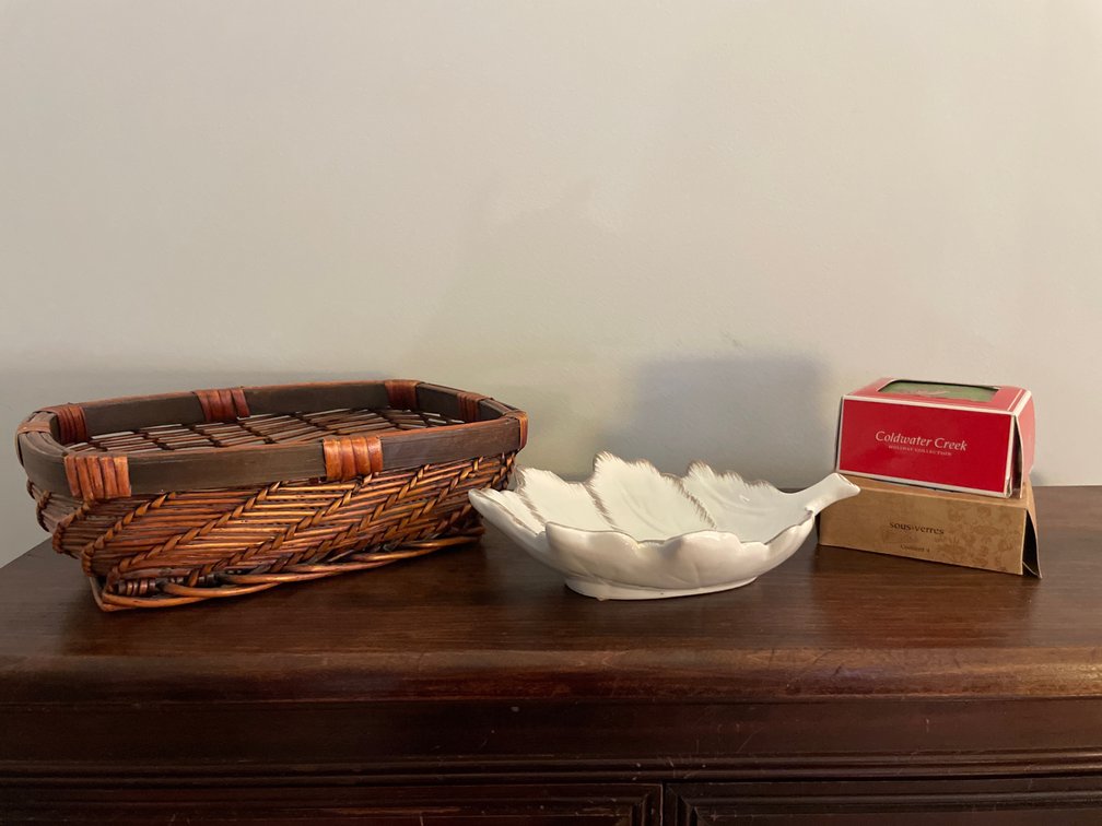 Woven Basket, Ceramic Leaf Dish, and Coaster Sets