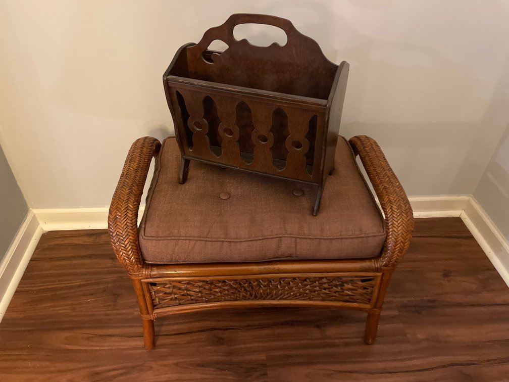 Wood Magazine Rack and Wicker Ottoman with Cushion