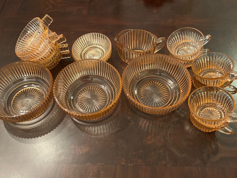 Pink Ribbed Pressed Glass Bowls, Creamer, and Cups
