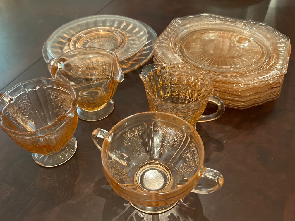 Pink Depression Glass Plates, Creamers, Sugar Bowl, and More