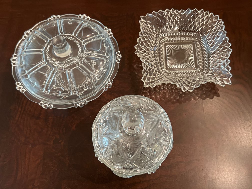 Clear Pressed Glass Covered Bowls and Square Dish