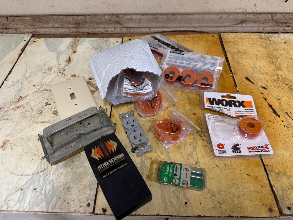 Stud Finder, Trimmer Line Spools, Hardware, and More