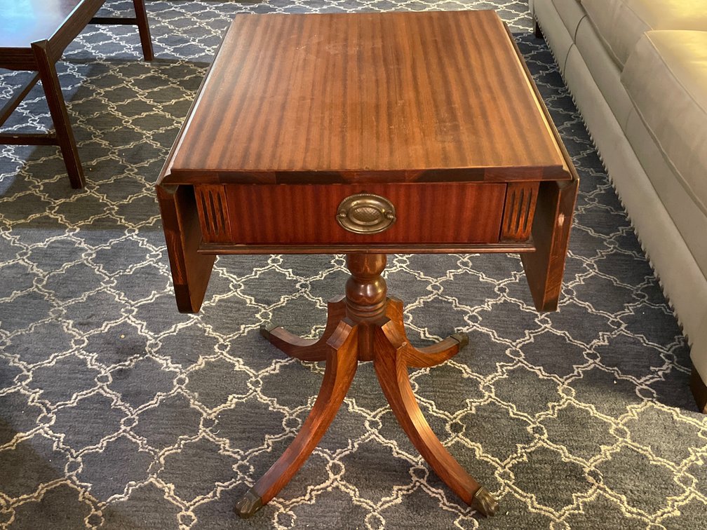 Drop-Leaf Wood Pedestal Table with Drawer