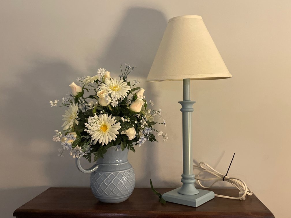 Table Lamp and Ceramic Pitcher with Artificial Flowers