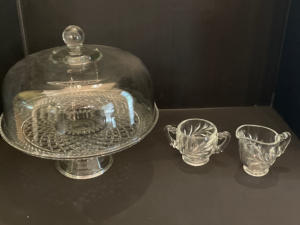 Clear Glass Cake Stand with Dome, Sugar Bowl, and Creamer