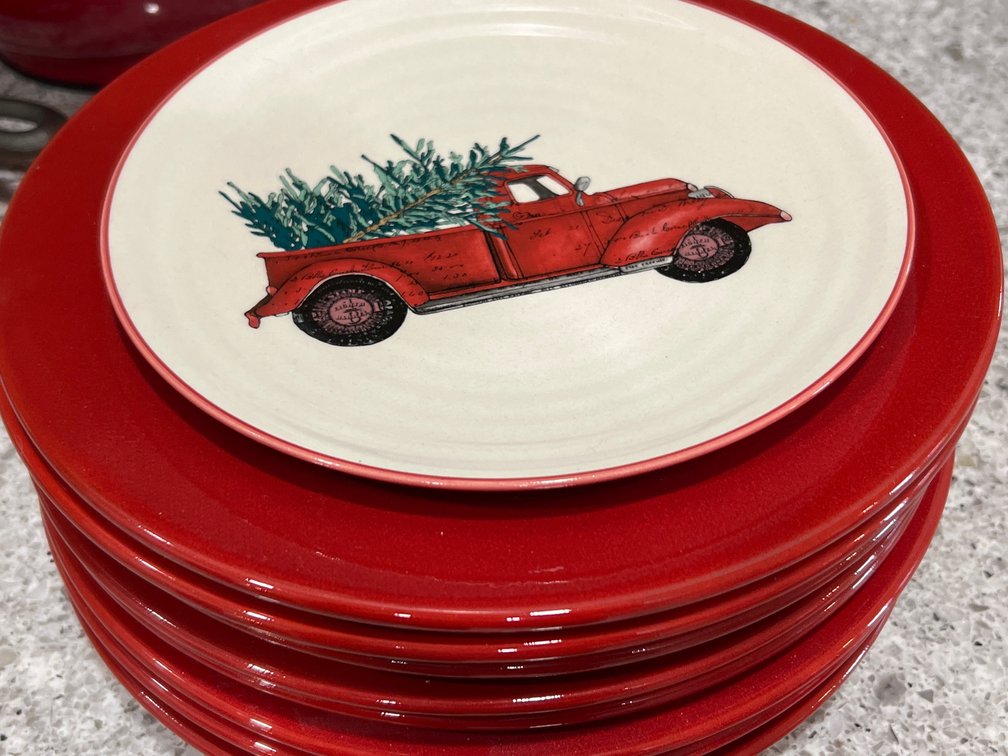 Pier 1 Red Earthenware Plates & Christmas Plate