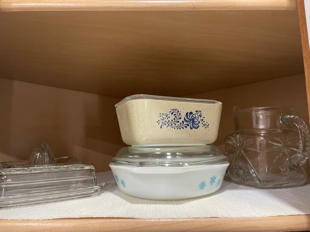 Glass Casseroles, Pitcher, Butter Dish, and Citrus Reamer