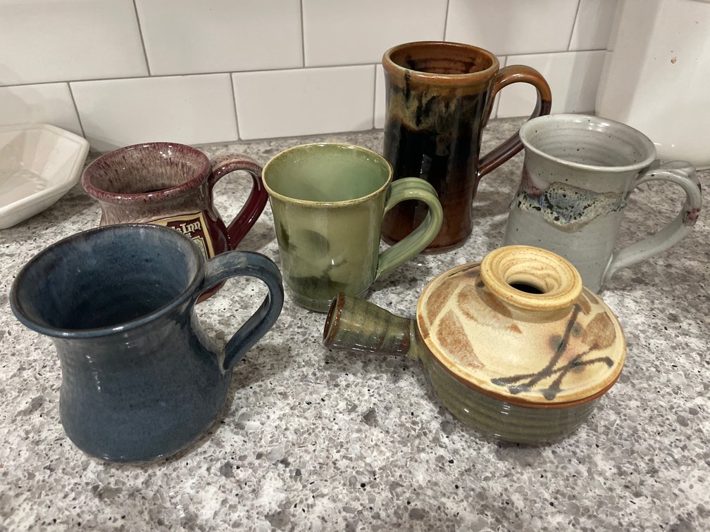 Studio Pottery Mugs and Lidded Handled Bowl