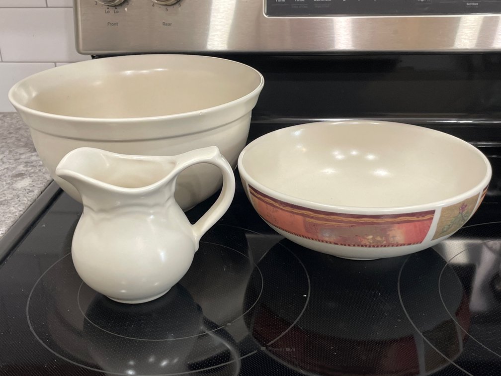 Ceramic Mixing Bowl, Creamer Pitcher, and Serving Bowl