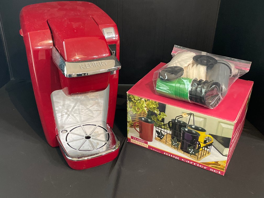 Red Single-Serve Coffee Maker, Mug Carrier Set, and Filters