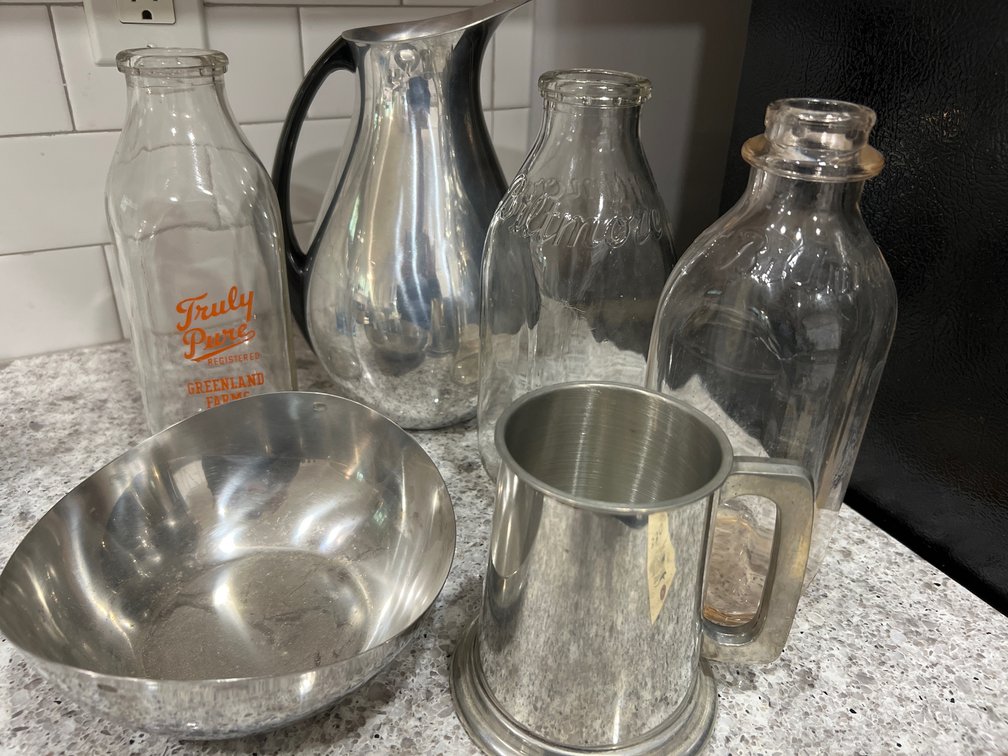 Glass Milk Bottles, Metal Pitcher, Pewter Tankard, and Bowl