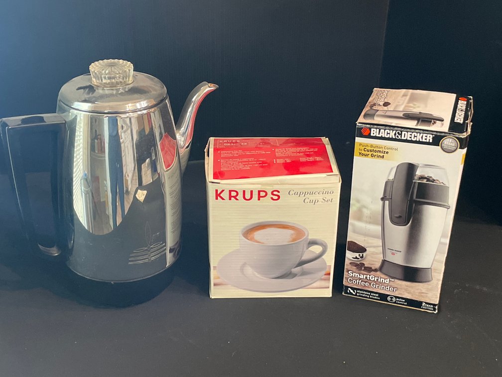 Electric Percolator, Cappuccino Cup Set, and Coffee Grinder