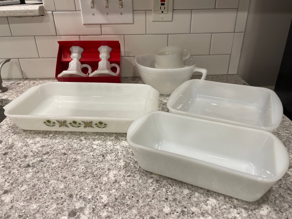 White Milk Glass Bakeware, Dishware, and Candleholders