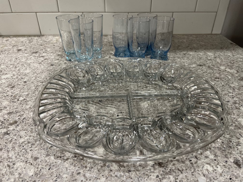 Glass Deviled Egg Platter and Light Blue Footed Tumblers
