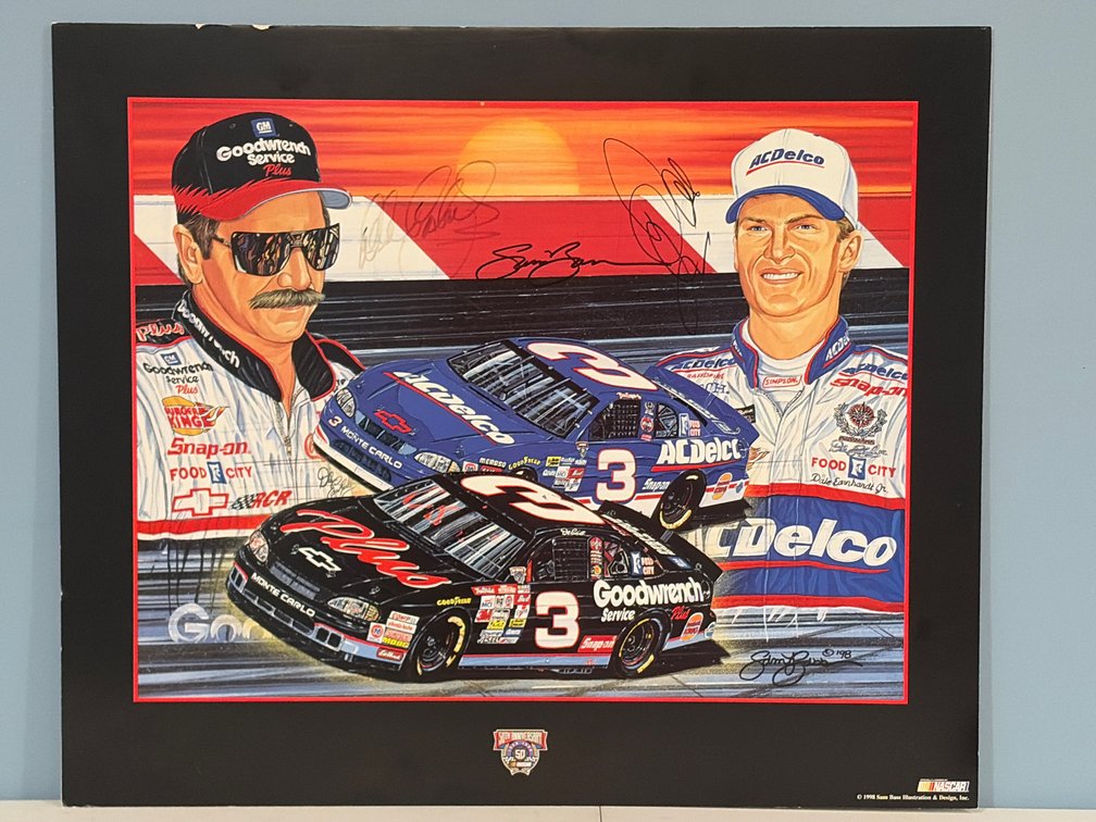 Sam Bass 1998 Autographed Dale Earnhardt and Dale Jr. NASCAR Art Print