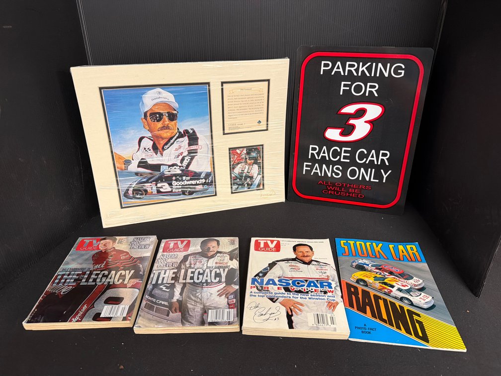 Dale Earnhardt Matted Print, Parking Sign, and Magazines