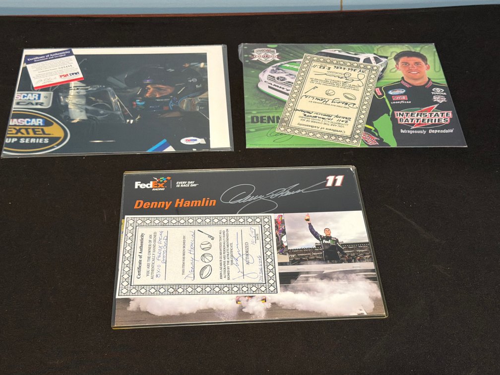 Denny Hamlin Autographed NASCAR Photos and Cards with COAs