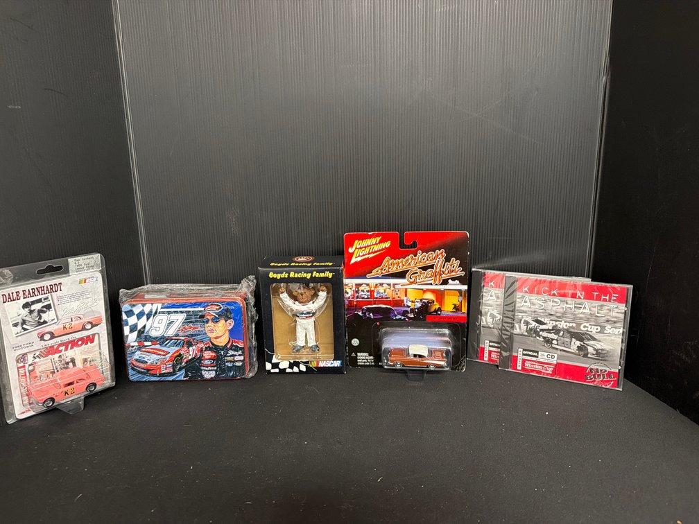 NASCAR Diecast Cars, Kurt Busch Tin, Bear Figurine, and CDs