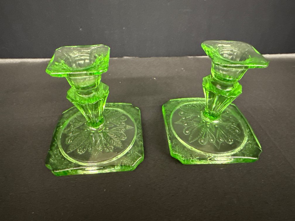 Green Uranium Depression Glass Candlestick Holders