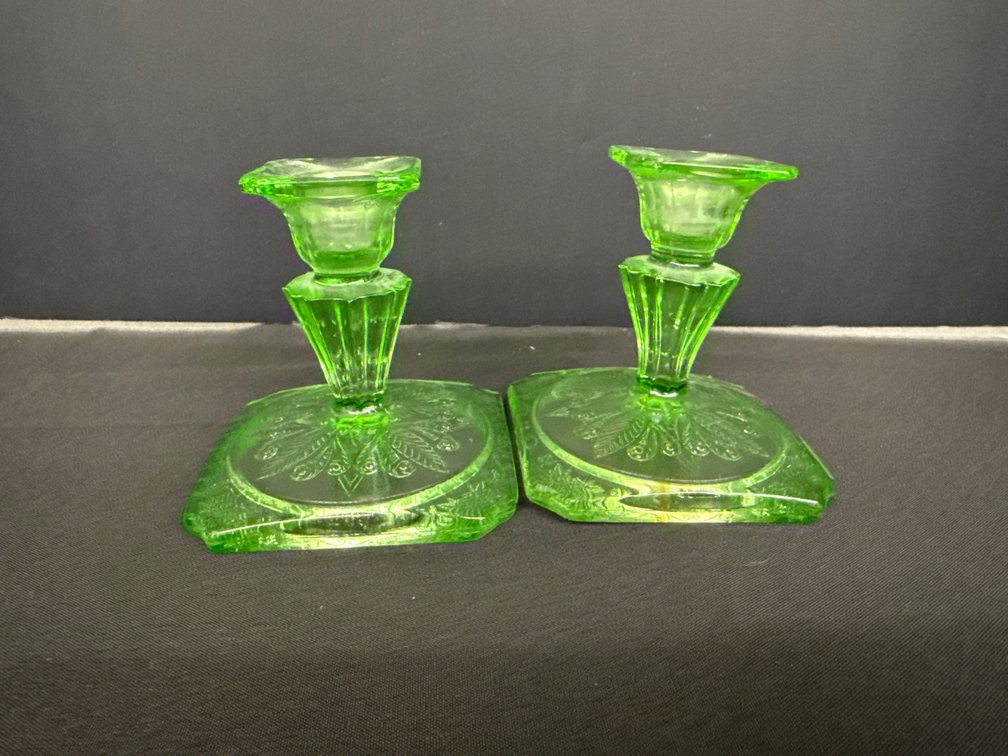 Green Uranium Depression Glass Candlestick Holders
