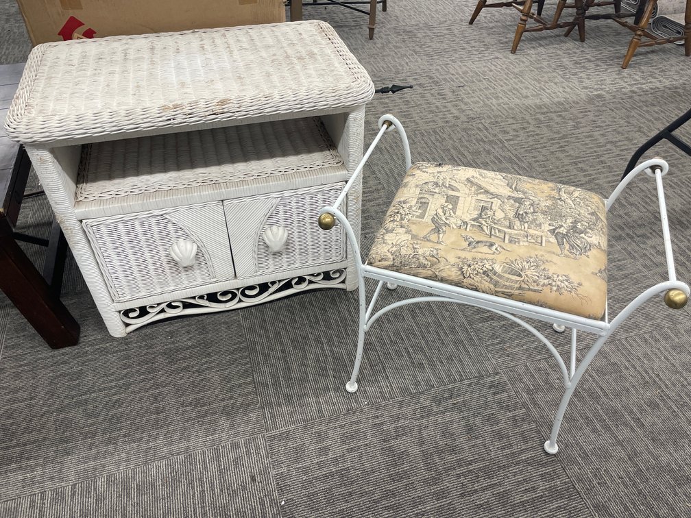 White Wicker Cabinet and Metal Vanity Stool